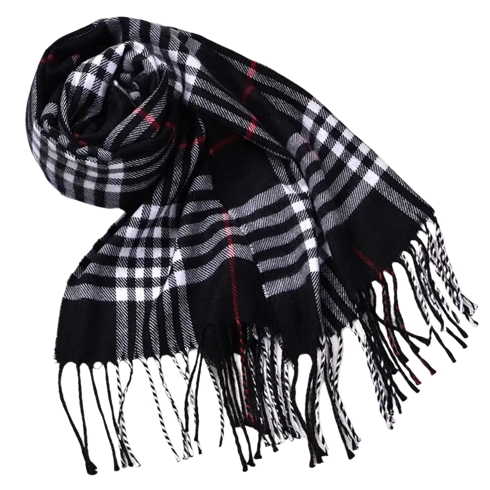 Black and white plaid winter scarf with red accent stripes cashmere feel warm shawl with fringed edges