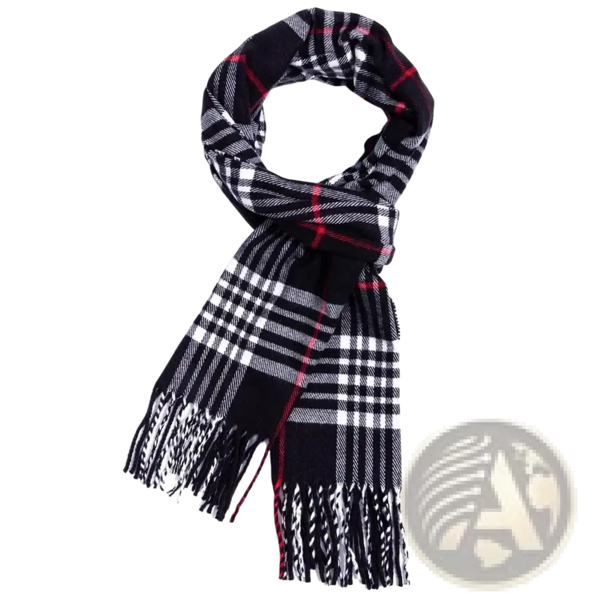Black white and red plaid winter scarf with fringed ends cashmere feel warm shawl for cold weather use