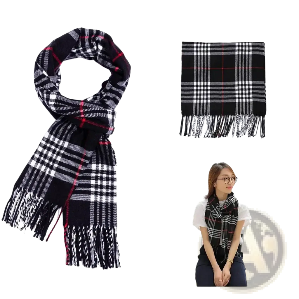 Black white and red plaid winter scarf with cashmere feel and fringed ends for warmth and style