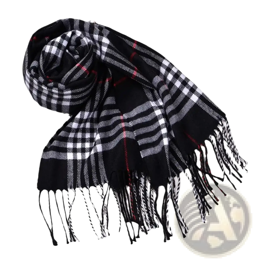 Black and white plaid winter scarf with red accent stripes and fringed edges cashmere feel warm shawl
