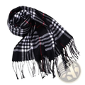 Black and white plaid winter scarf with red accent stripes and fringed edges cashmere feel warm shawl