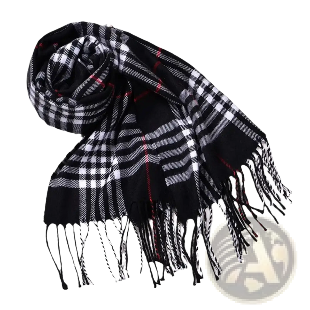 Black and white plaid winter scarf with red accent stripes and fringed edges cashmere feel warm shawl