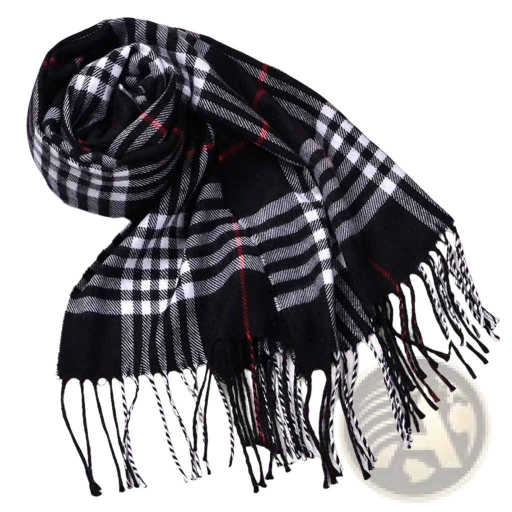 Black and white plaid winter scarf with red accent stripes cashmere feel warm shawl with fringed edges