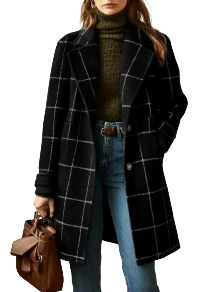 Black and white plaid wool blend winter coat with a classic double-breasted design for cold weather use