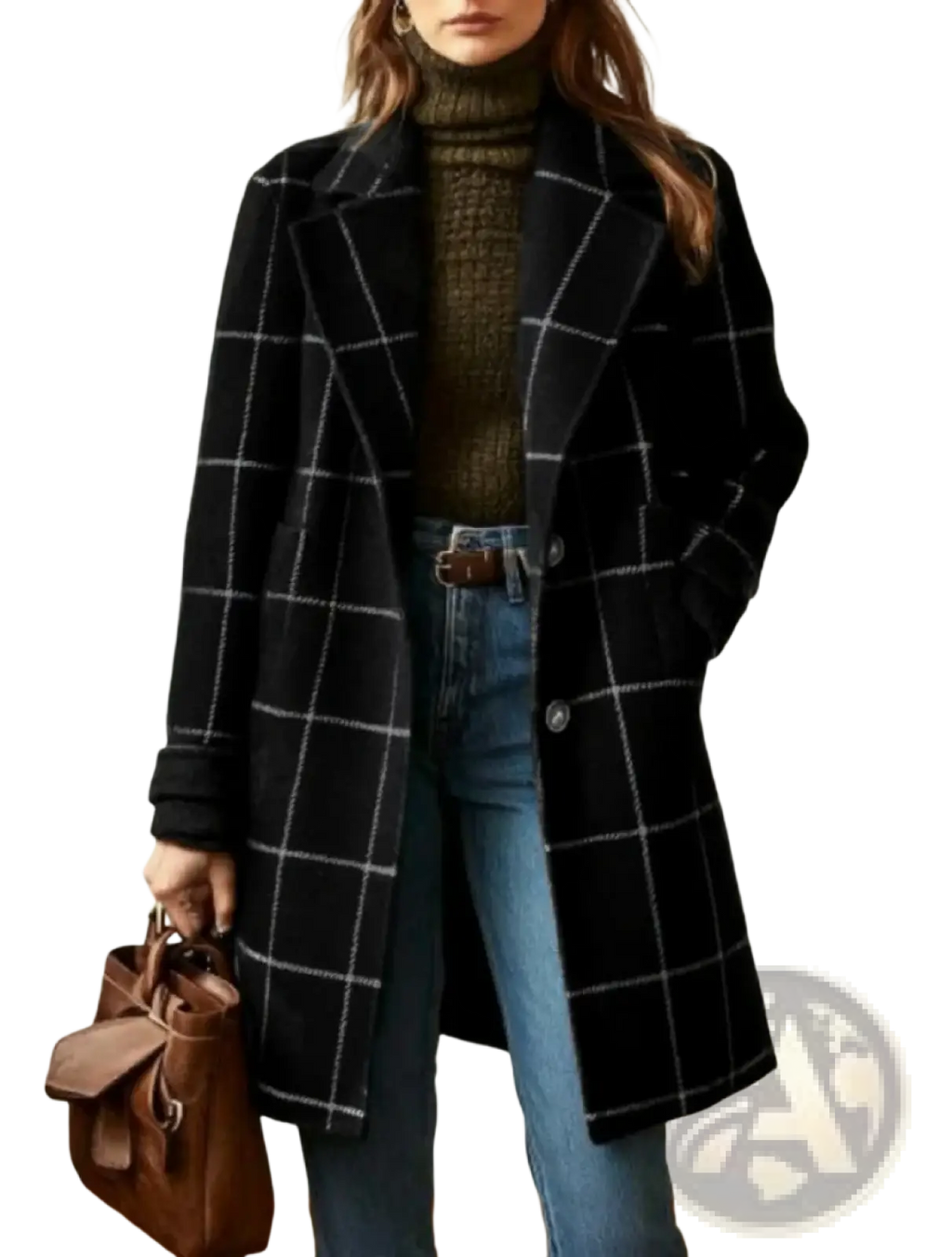 Black and white plaid wool blend winter coat with a classic double breasted design for cold weather wear