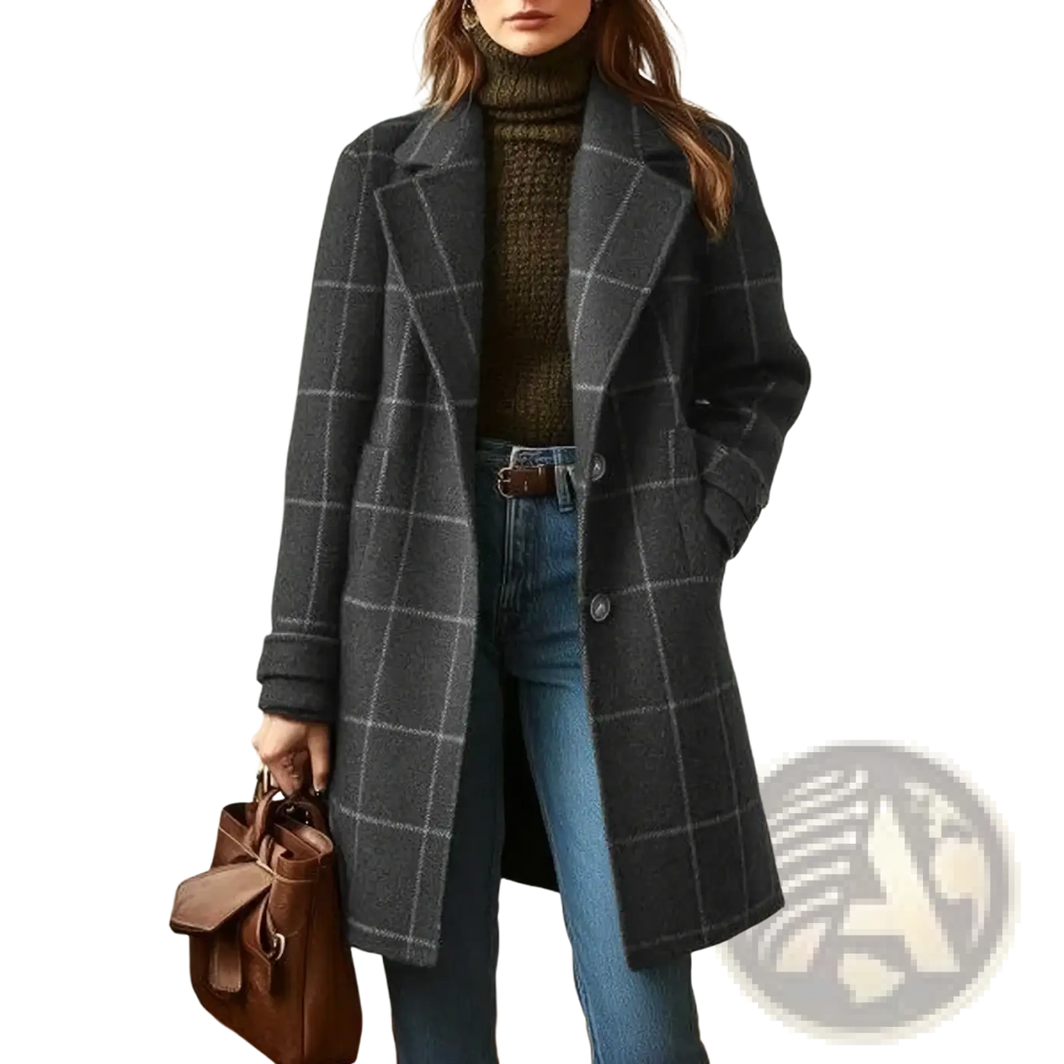 A dark gray plaid wool blend winter coat with a classic double-breasted design and notched lapels