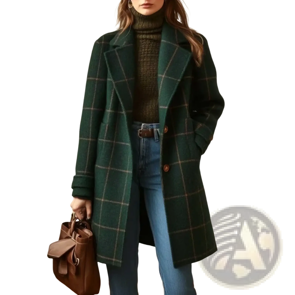 Dark green plaid wool blend winter coat with brown buttons and classic collar designed for cold weather use