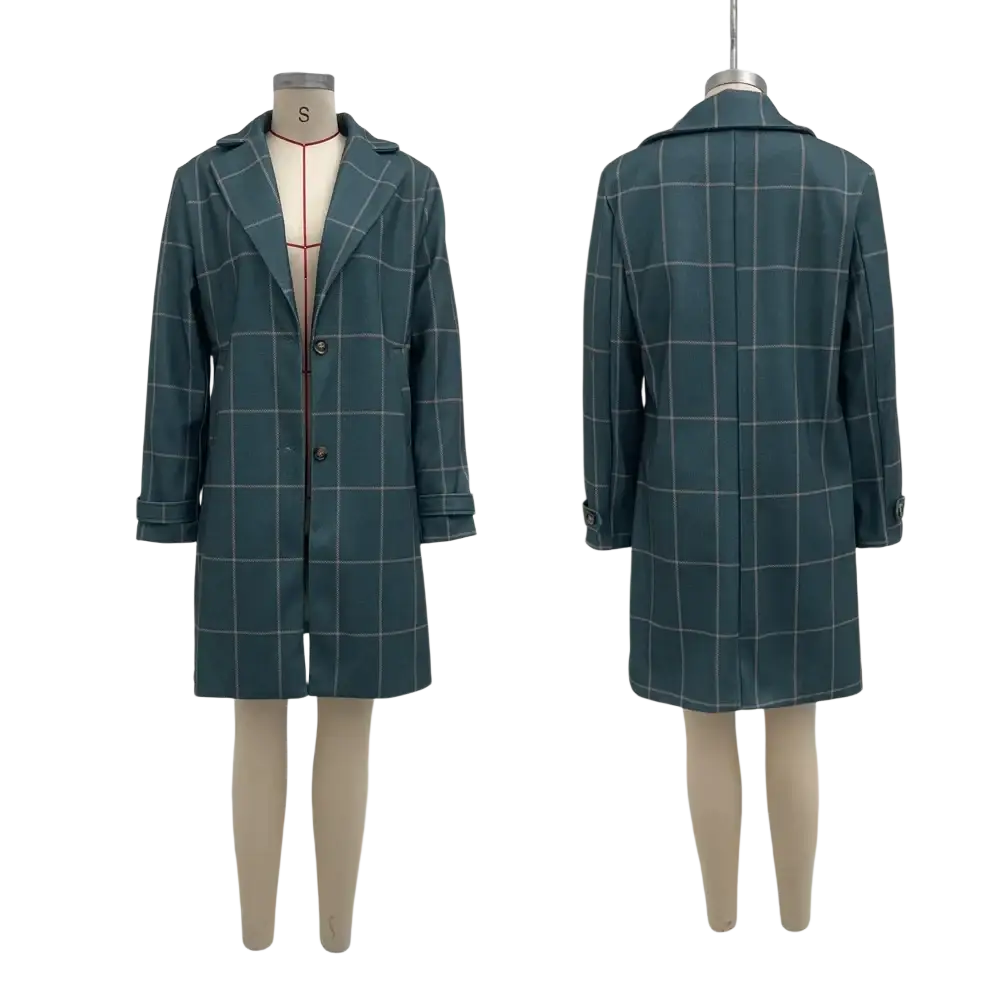 Dark green plaid wool blend winter coat with thin white grid lines and black buttons for cold weather use