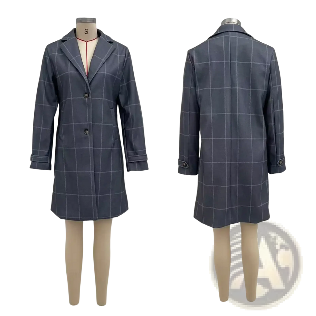Grey plaid wool blend winter coat with classic double breasted design and subtle white grid pattern