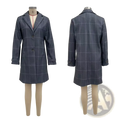 Grey plaid wool blend winter coat with classic double breasted design and subtle white grid pattern