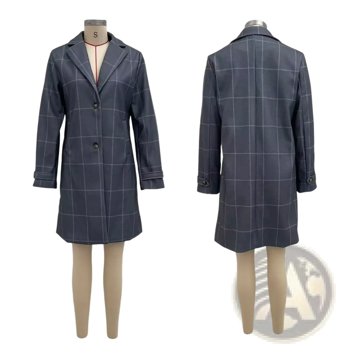 Grey plaid wool blend winter coat with classic double breasted design and subtle white grid pattern