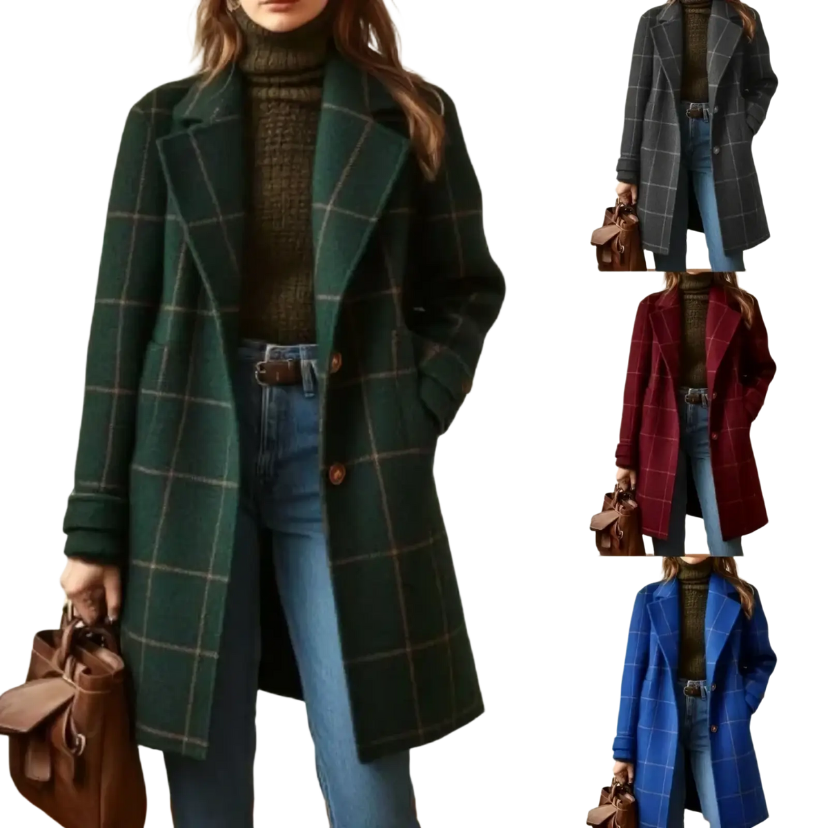 Green plaid wool blend winter coat with brown buttons and classic collar for cold weather use