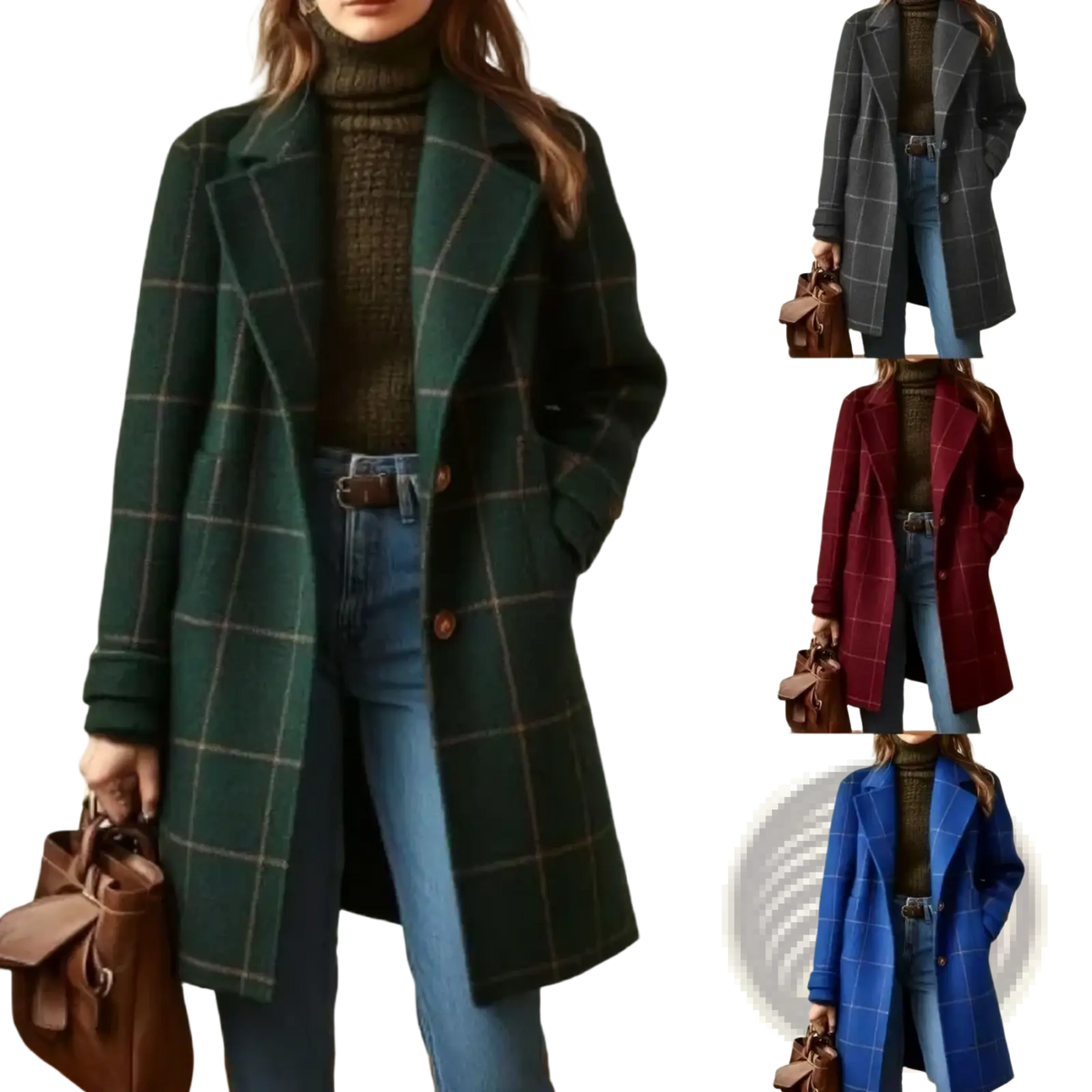 Green plaid wool blend winter coat with brown buttons and classic collar for cold weather use