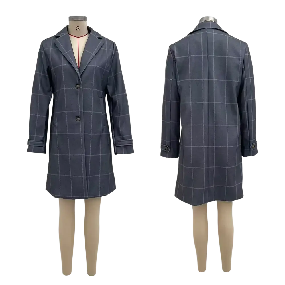 Grey plaid wool blend winter coat with classic double breasted design and subtle white grid pattern