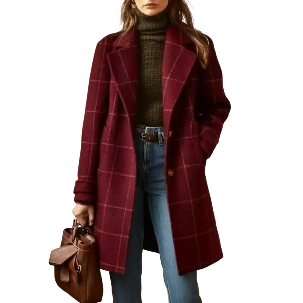 A maroon plaid wool blend winter coat featuring a classic double-breasted design with matching buttons