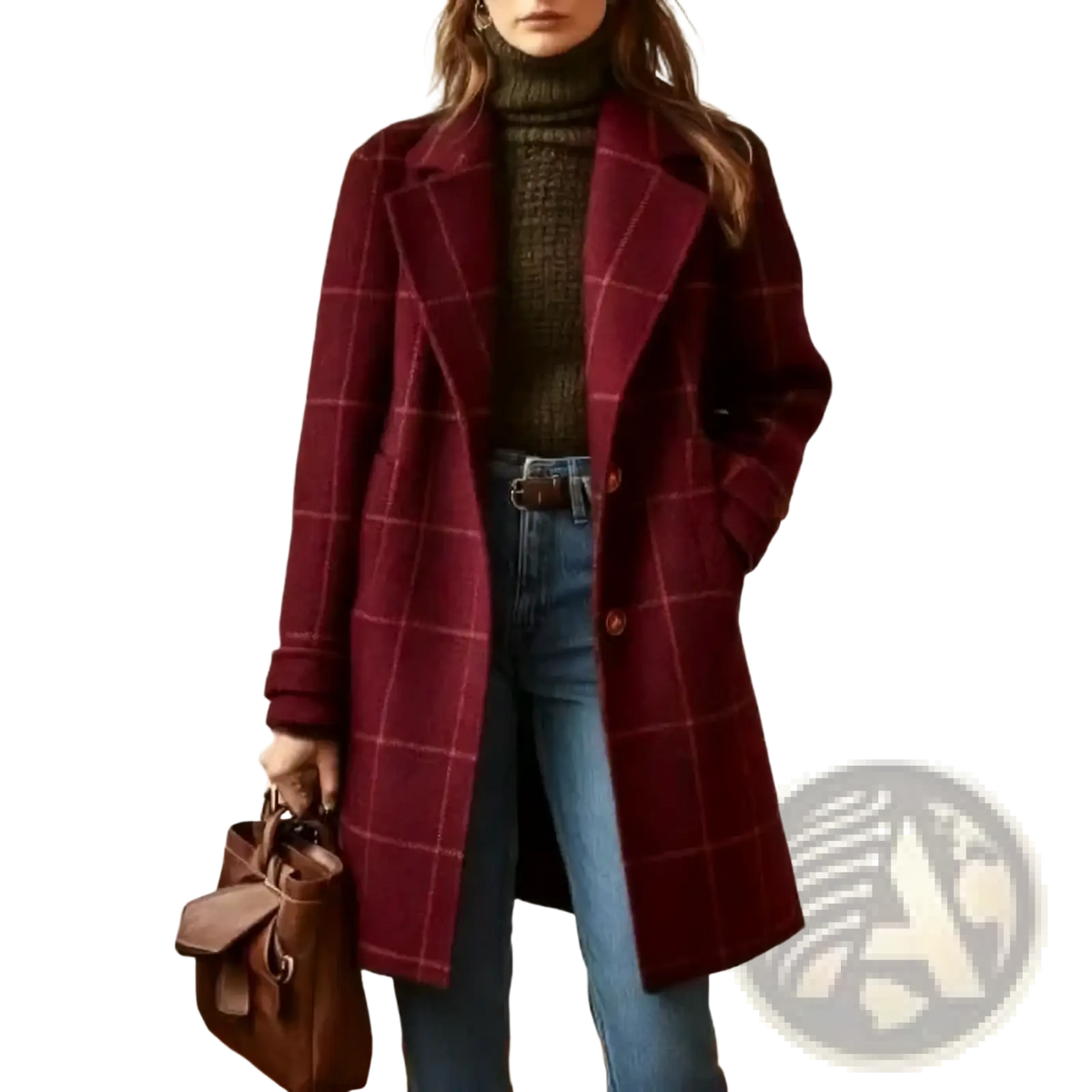 A maroon plaid wool blend winter coat with a classic double-breasted design and brown buttons