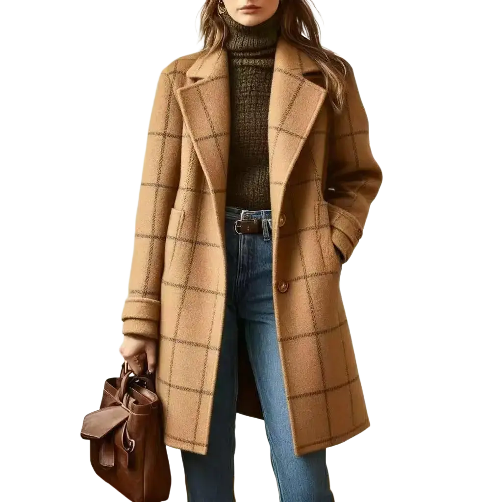 Tan wool blend winter coat featuring a classic plaid pattern and notched lapels for stylish cold weather wear