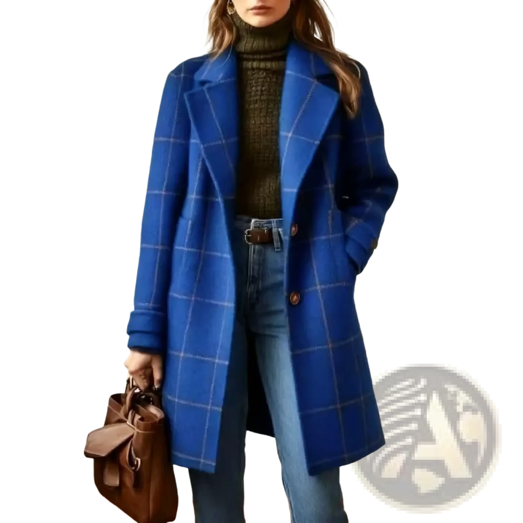 Vibrant royal blue plaid wool blend winter coat with white and dark gray grid lines and a double-breasted design