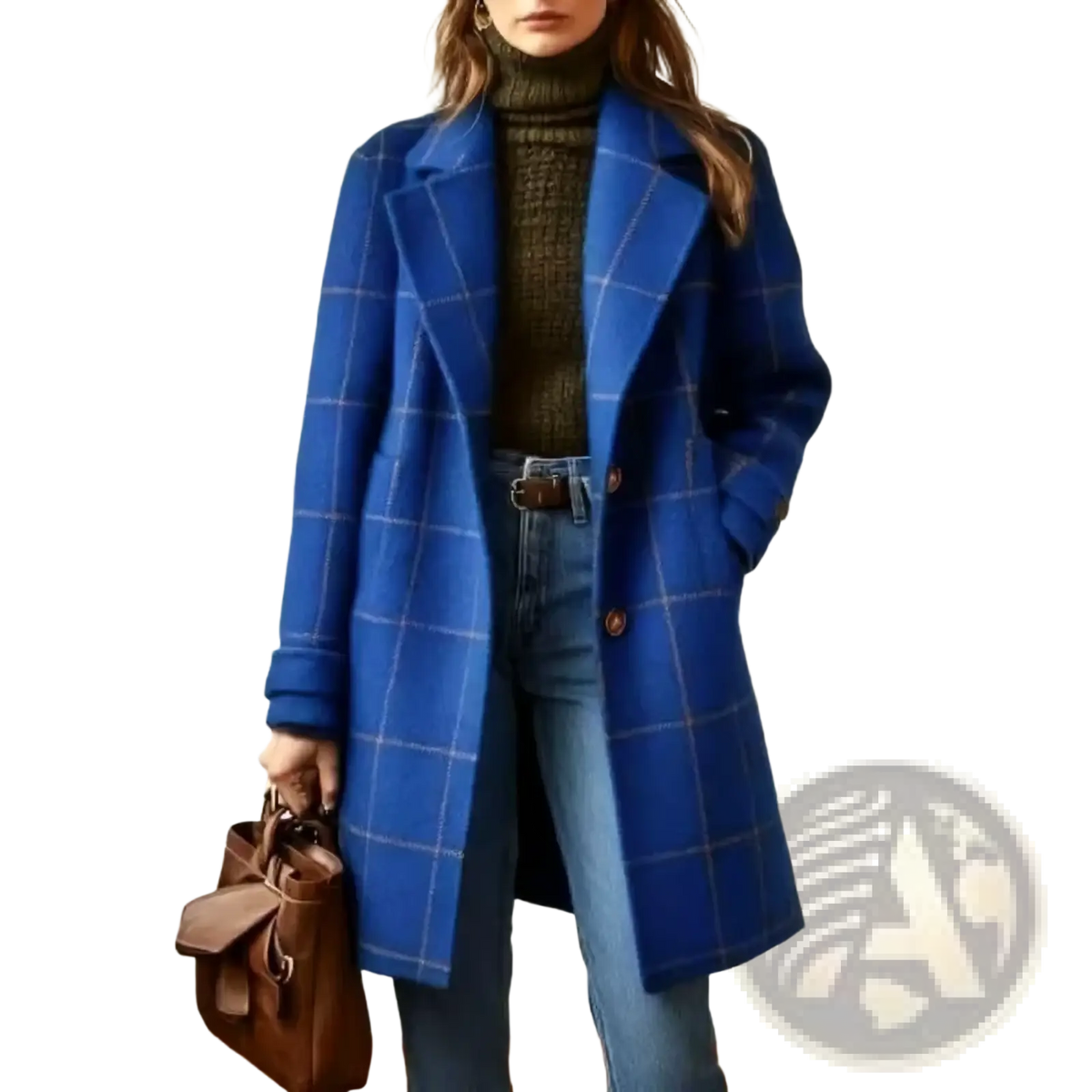 Vibrant royal blue plaid wool blend winter coat with white and dark gray grid lines and a double-breasted design
