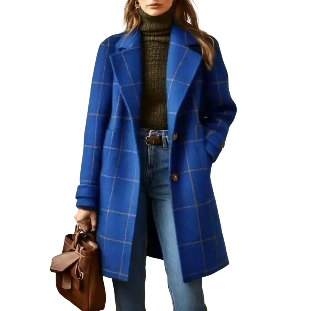 Plaid wool blend winter coat in vibrant royal blue with bold white check pattern and brown buttons