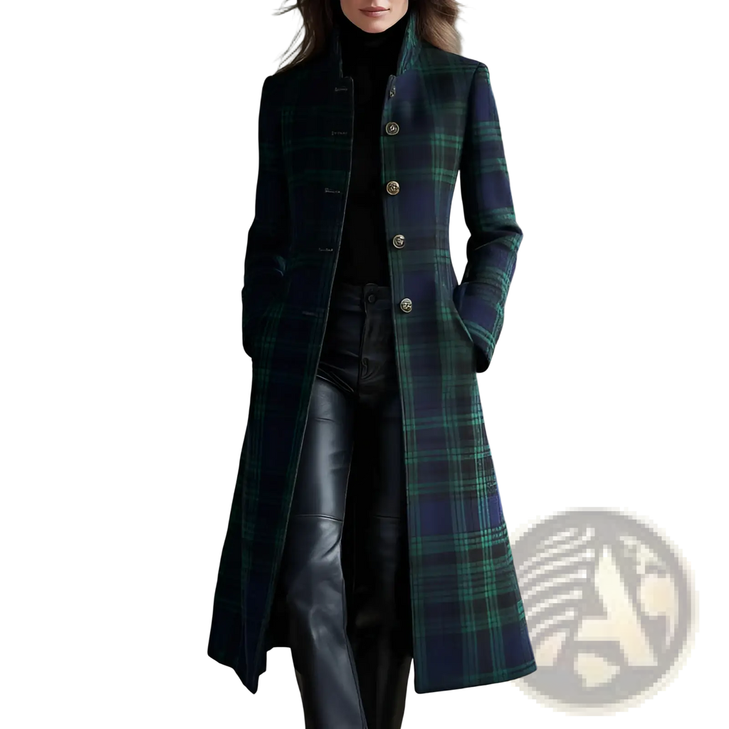 Plaid wool long cardigan coat in dark green and navy blue with gold toned buttons for stylish cold weather wear
