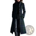 Plaid wool long cardigan coat in dark green and navy blue with gold toned buttons for stylish cold weather wear