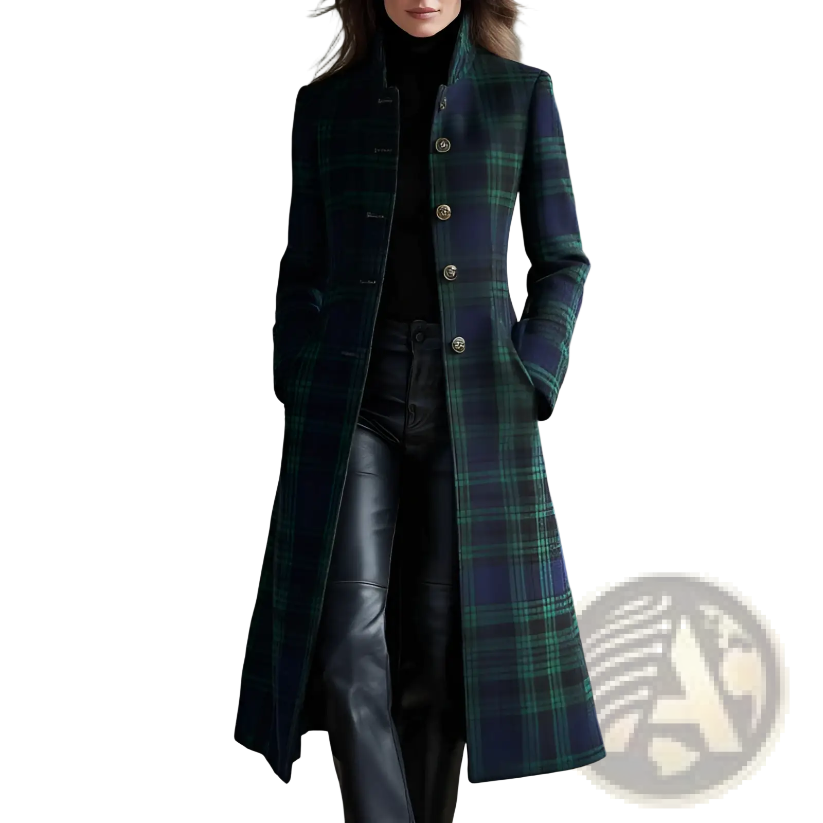 Plaid wool long cardigan coat in dark green and navy blue with gold toned buttons for stylish cold weather wear