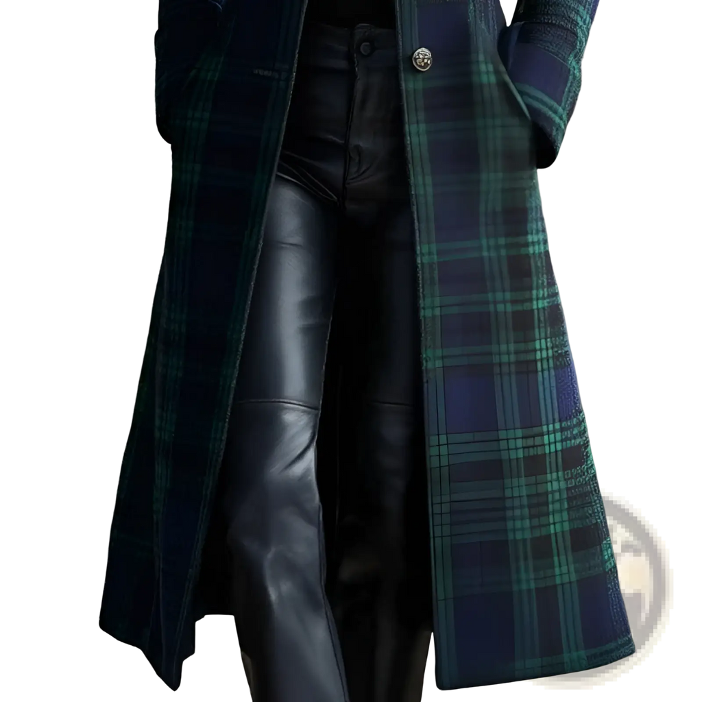 A long dark blue and green plaid wool cardigan coat with classic button closure for stylish warmth