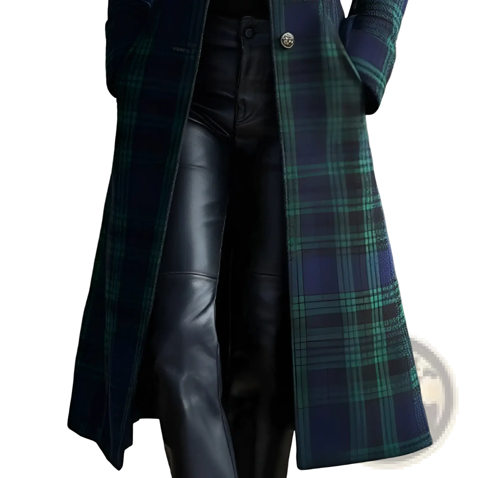 A long dark blue and green plaid wool cardigan coat with classic button closure for stylish warmth