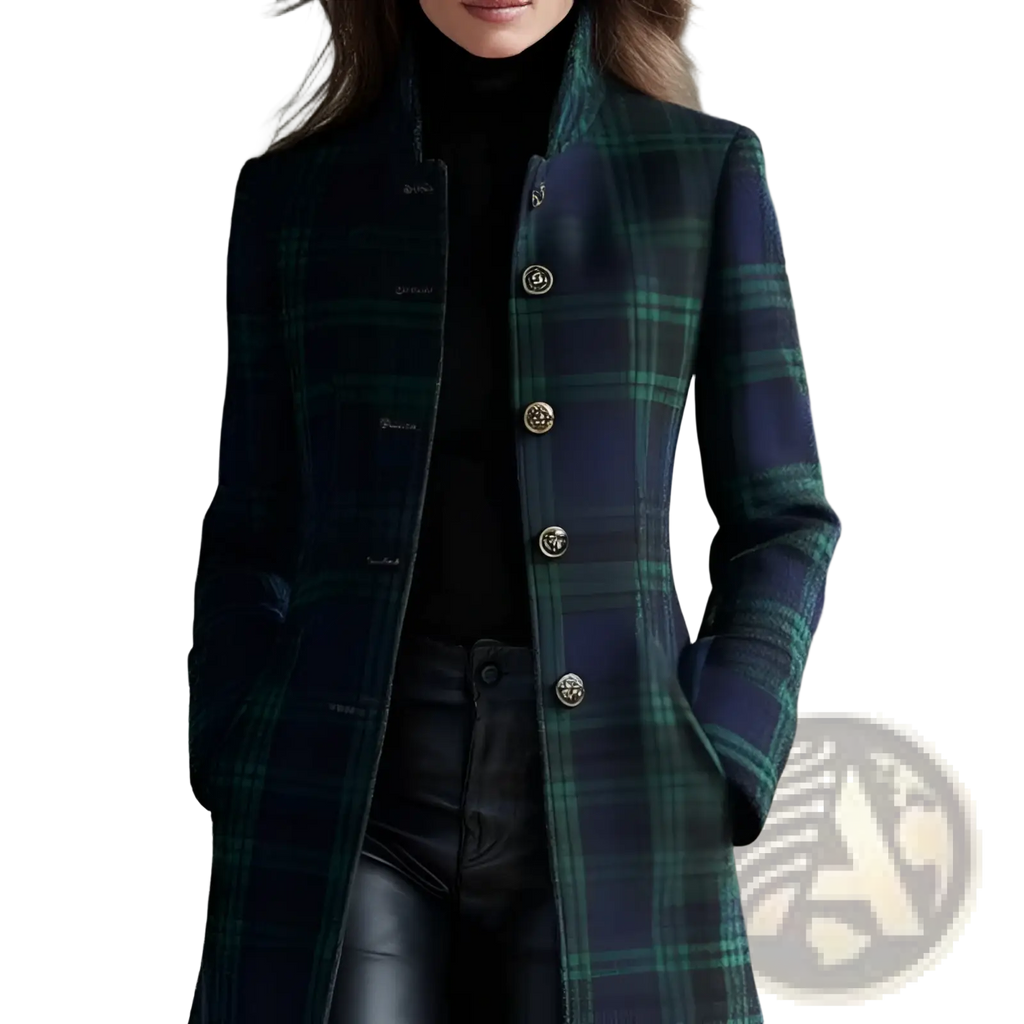 Plaid wool long cardigan coat in dark blue and green with gold toned buttons showcasing a classic plaid design