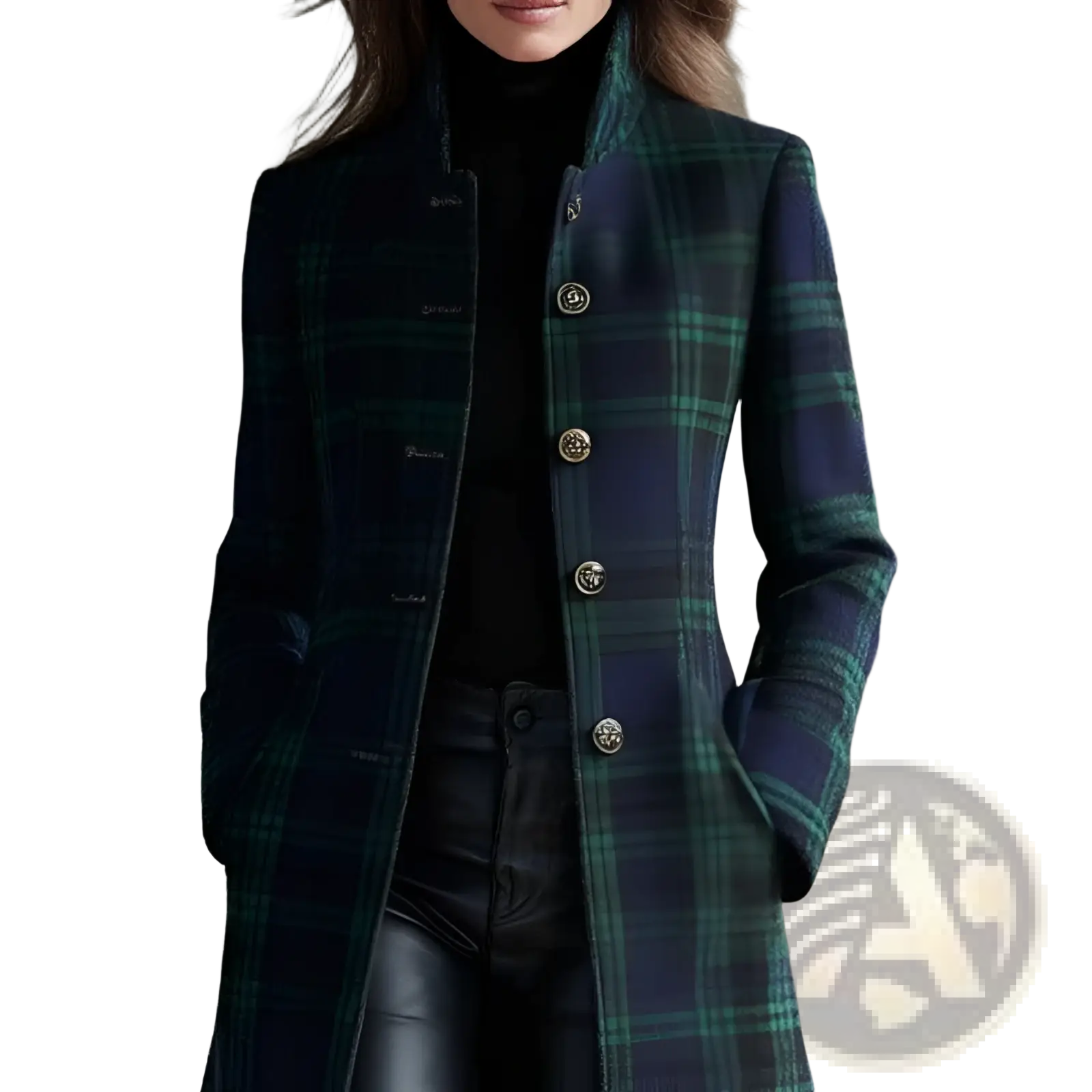 Plaid wool long cardigan coat in dark blue and green with gold toned buttons showcasing a classic plaid design