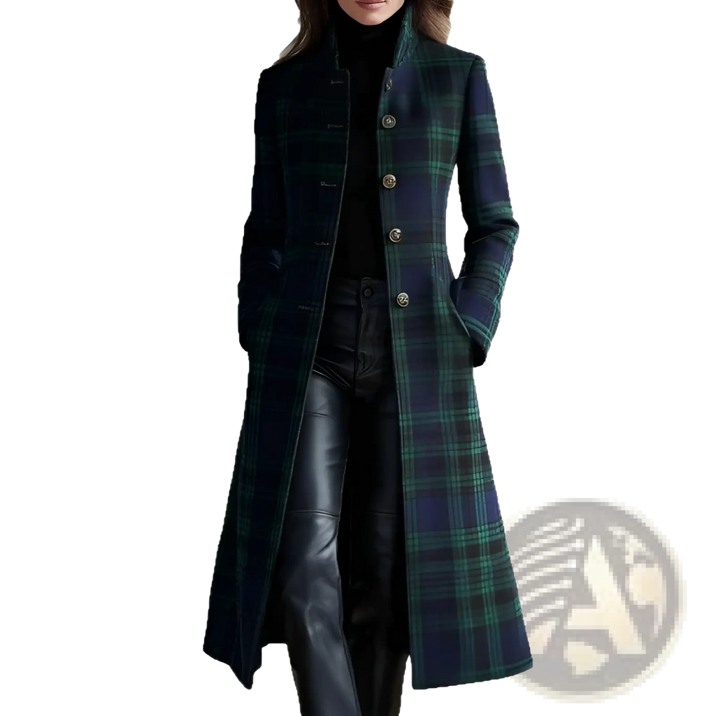 Plaid wool long cardigan coat in dark green and navy with gold-toned buttons made from warm wool fabric