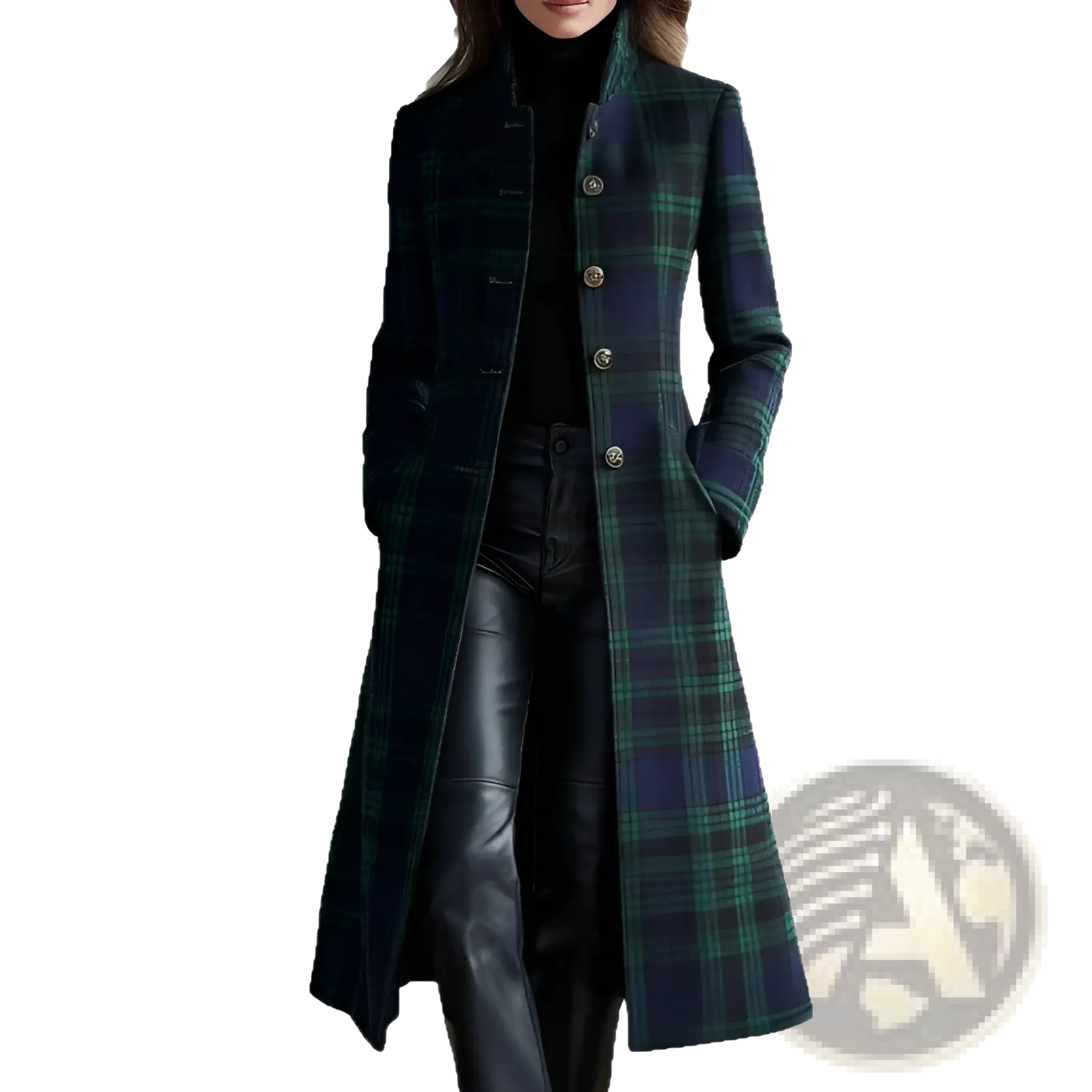 Plaid wool long cardigan coat in dark green and navy with gold-toned buttons made from warm wool fabric