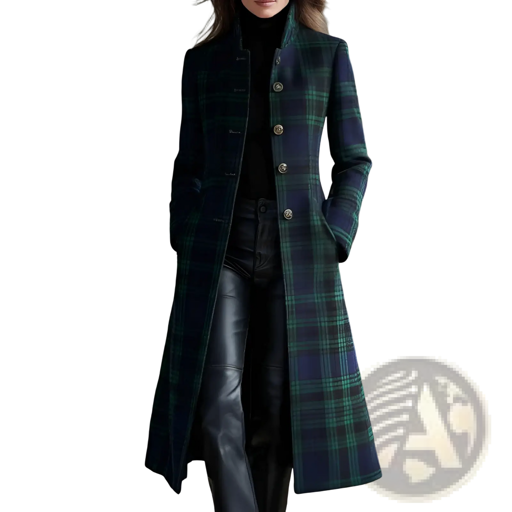 Plaid wool long cardigan coat in dark green and navy blue with gold toned buttons and a classic plaid pattern