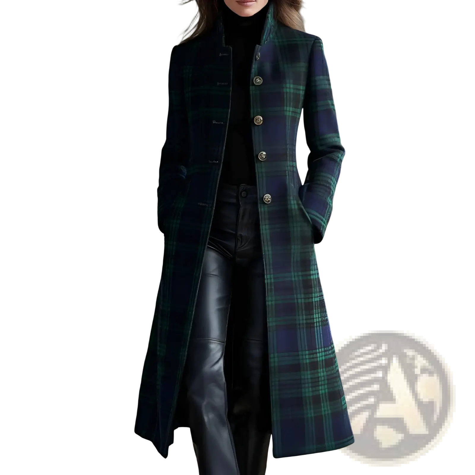 Plaid wool long cardigan coat in dark green and navy blue with gold toned buttons and a classic plaid pattern