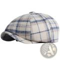 Plaid woolen octagonal hat for women in beige and blue with structured eight-panel flat cap design