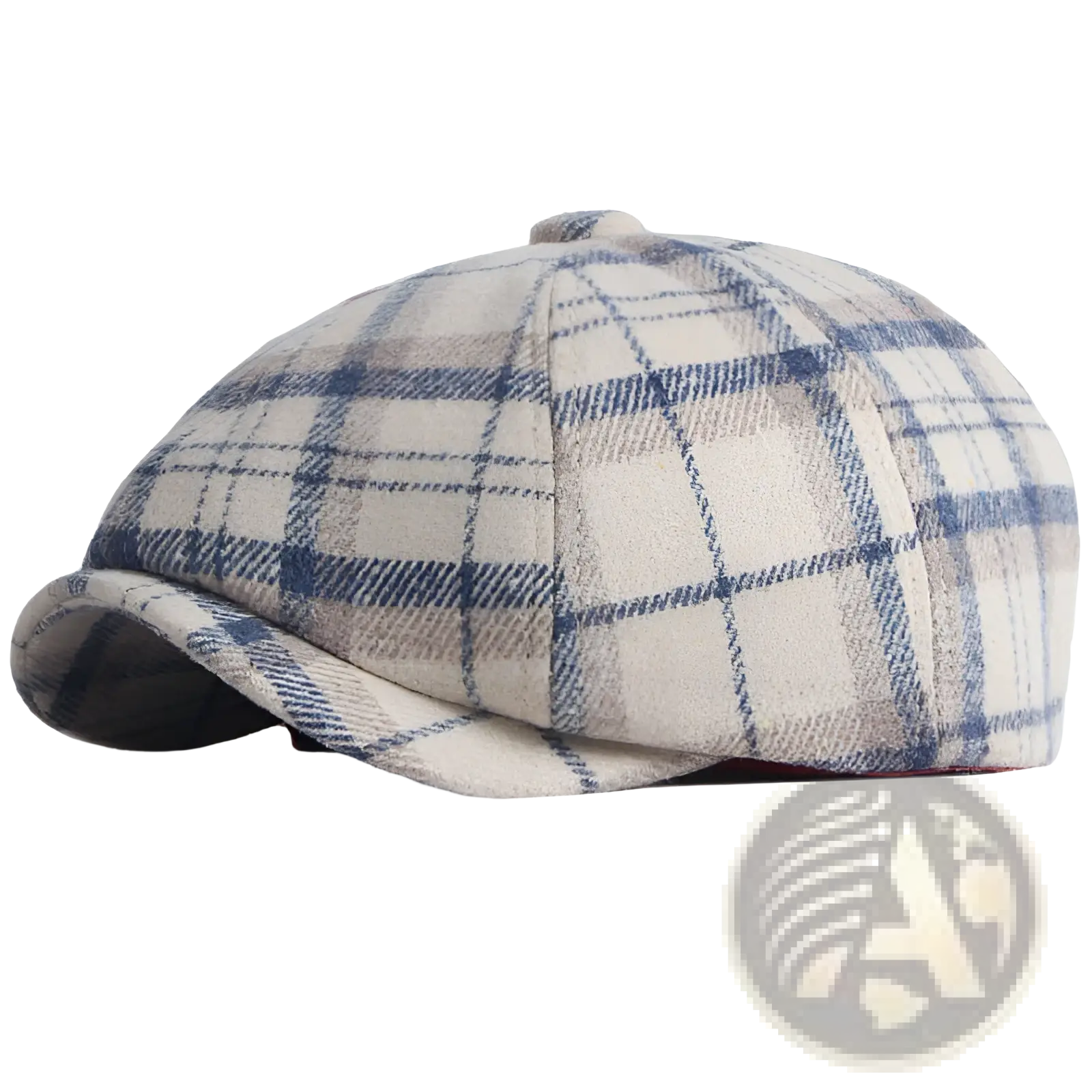 Plaid woolen octagonal hat for women in beige and blue with structured eight-panel flat cap design