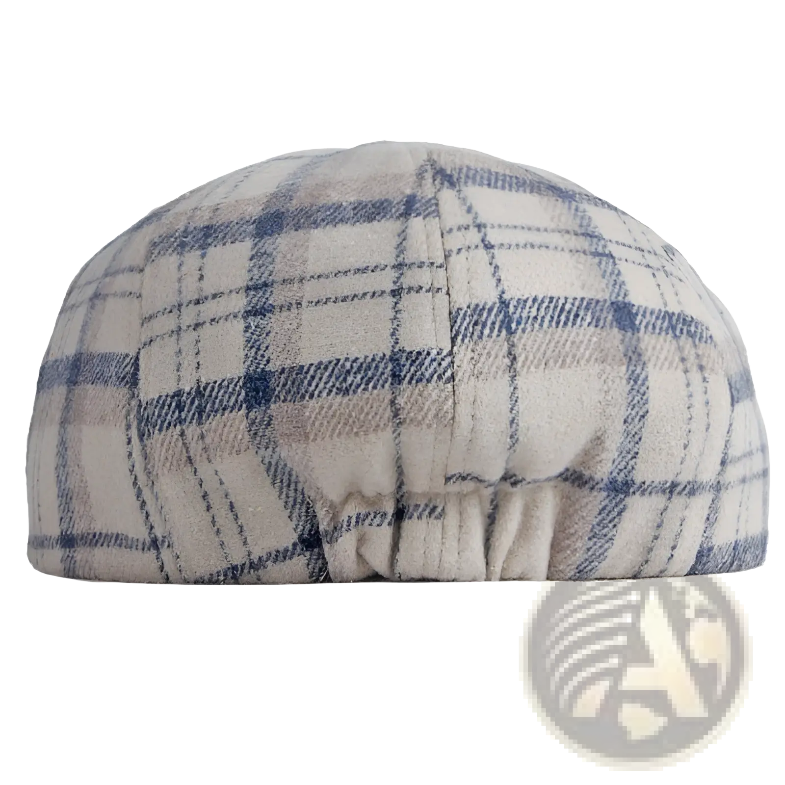 Plaid woolen octagonal hat for women in cream and navy with a soft slightly wrinkled texture