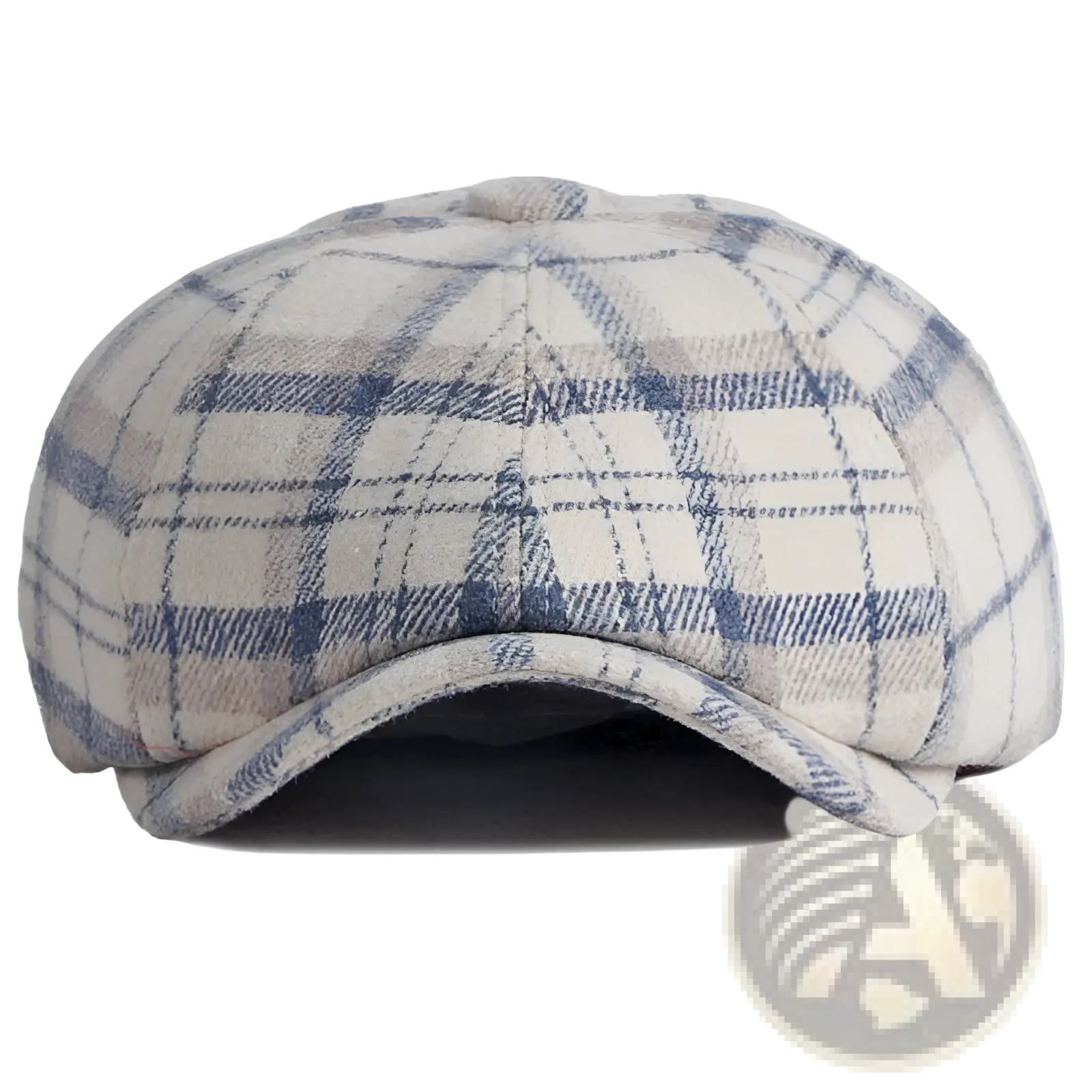A stylish beige and blue plaid woolen octagonal hat for women featuring a classic structured design