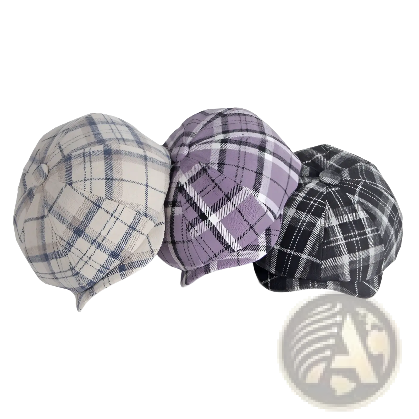 Three plaid woolen octagonal hats for women in beige-blue lavender-white and black-gray patterns displayed front side