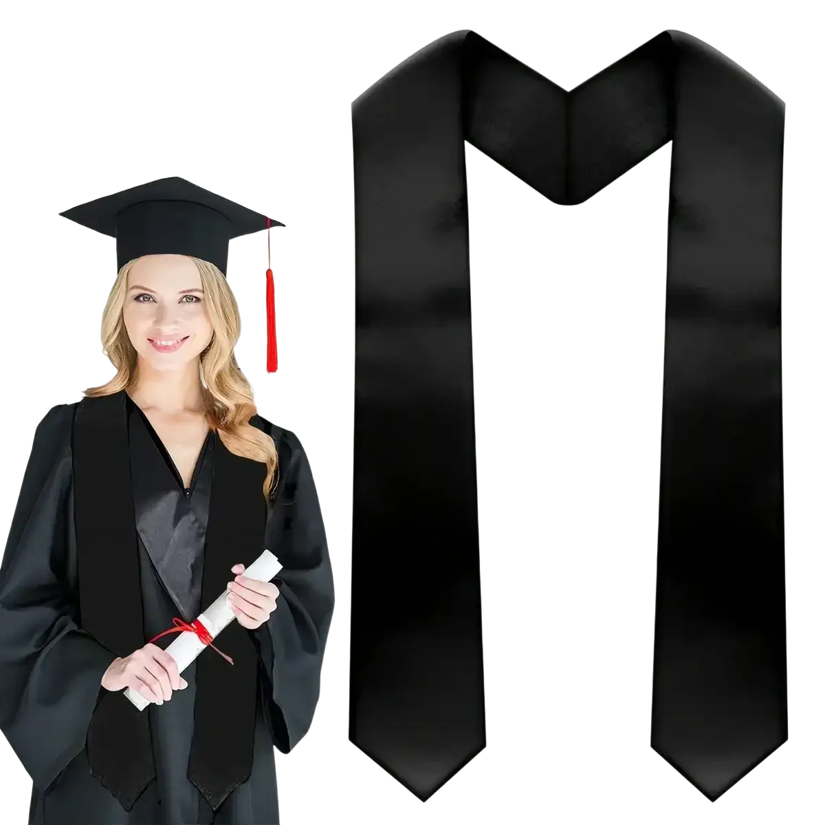 Black plain satin graduation stole made of polyester with a smooth glossy finish and classic v-shaped neckline