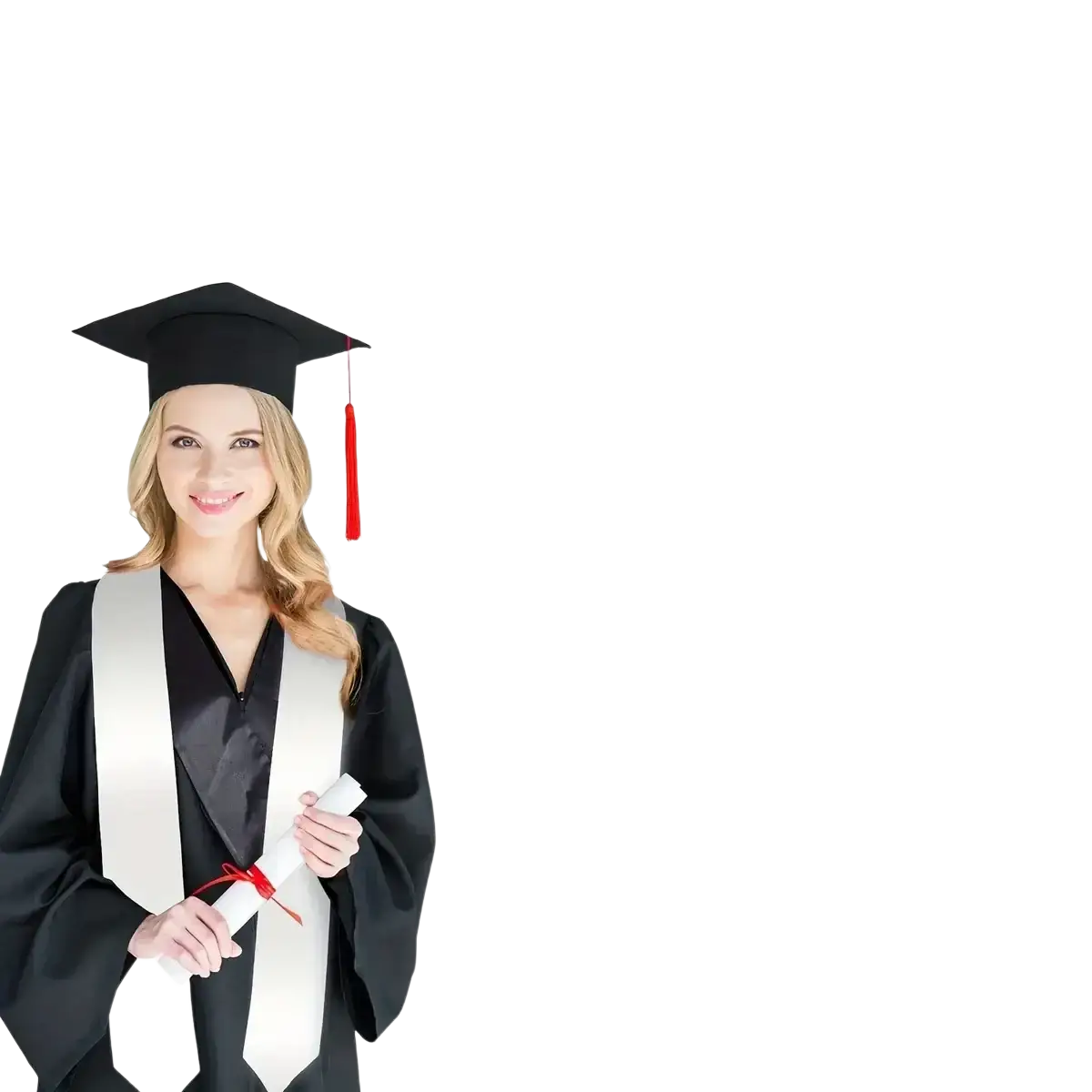 Black graduation gown with plain satin white polyester graduation stole and matching cap with red tassel displayed