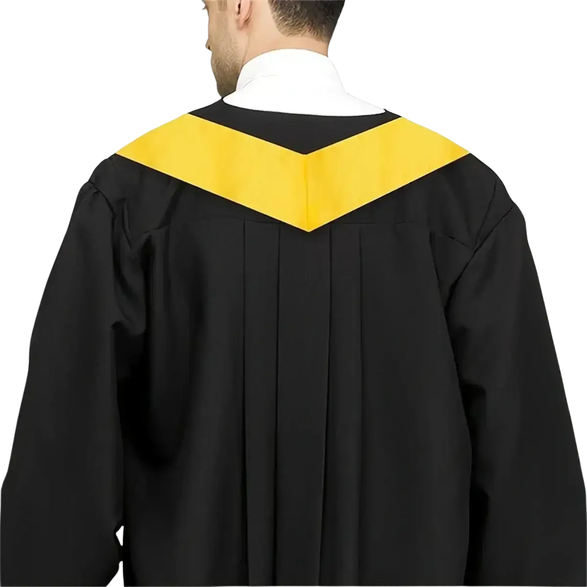 Black graduation gown with a plain satin yellow graduation stole made of polyester sash across the shoulders