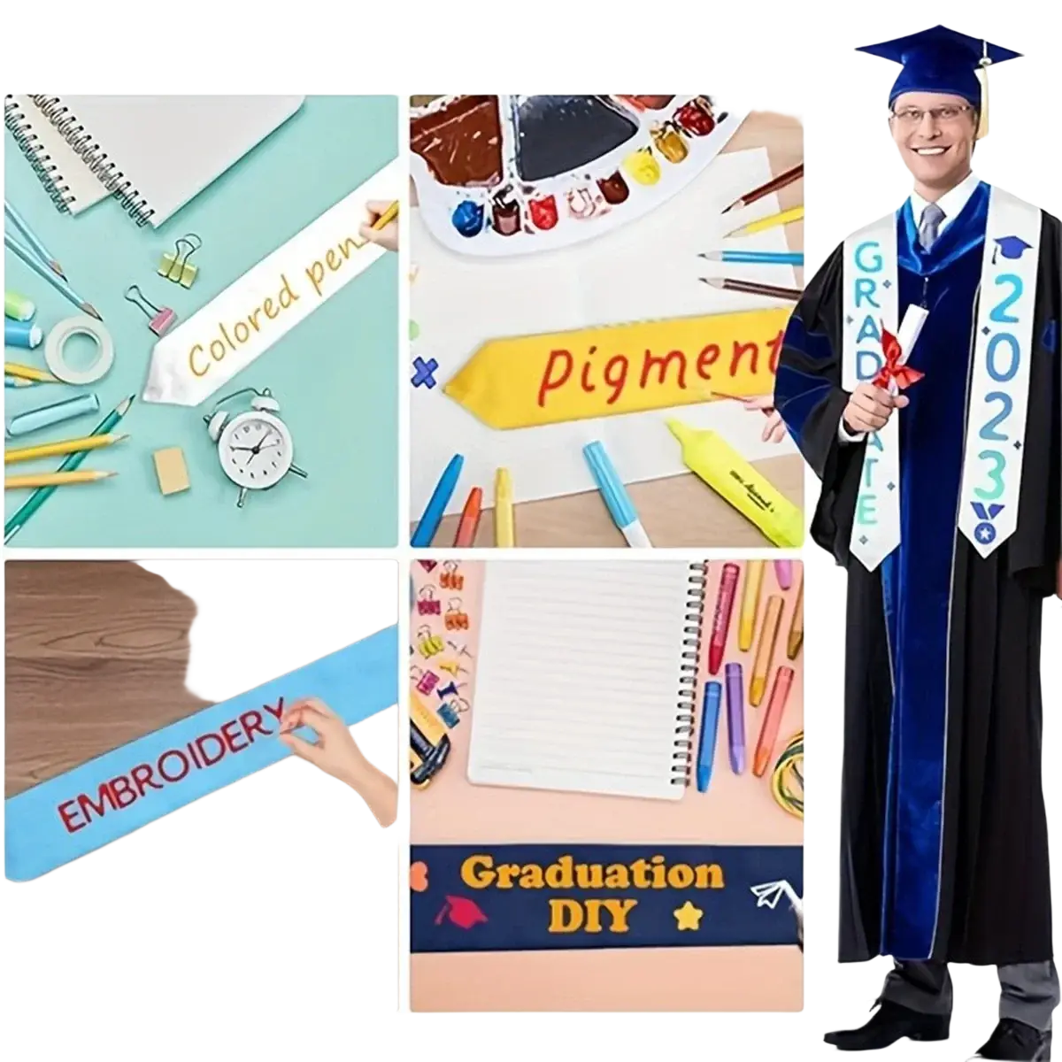 Blue plain satin graduation stole polyester sash with white lettering and decorative stars for academic use