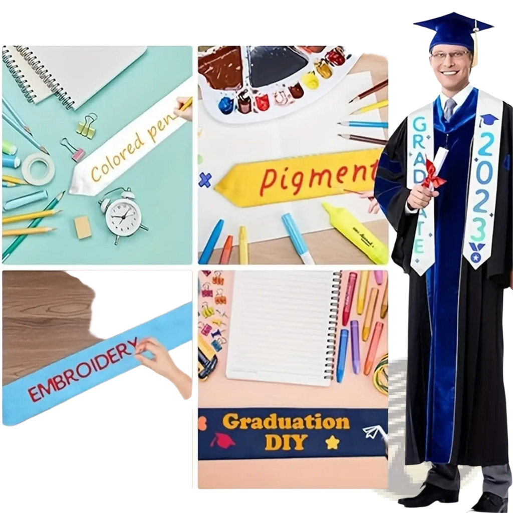 Blue plain satin graduation stole polyester sash with white lettering and decorative stars for academic use