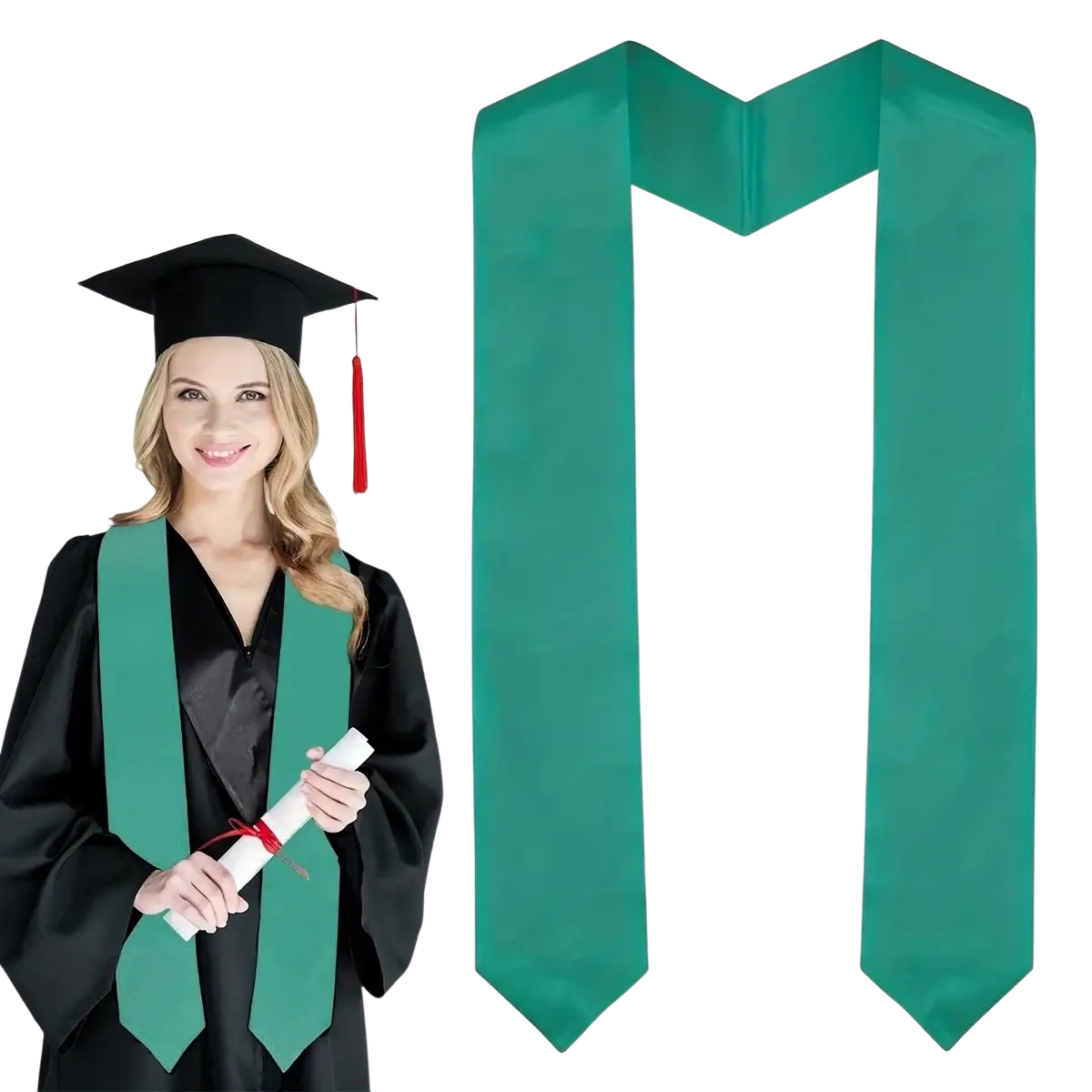 Emerald green plain satin graduation stole with smooth glossy finish polyester sash neatly folded ends