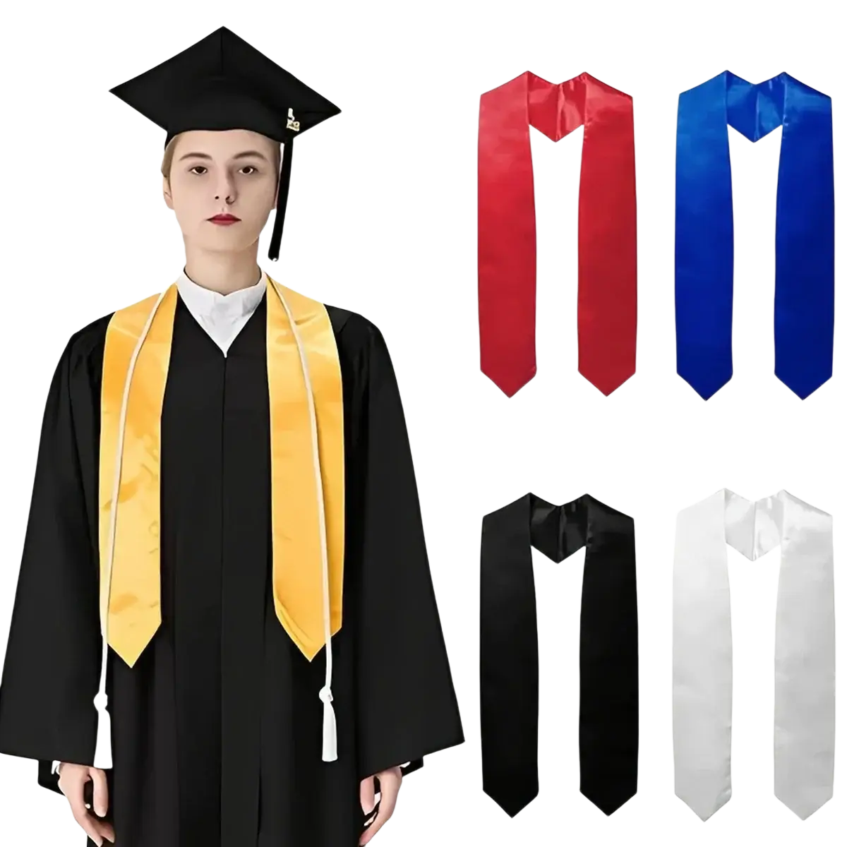 Gold satin graduation stole with white tassels made of polyester for academic ceremonies and events