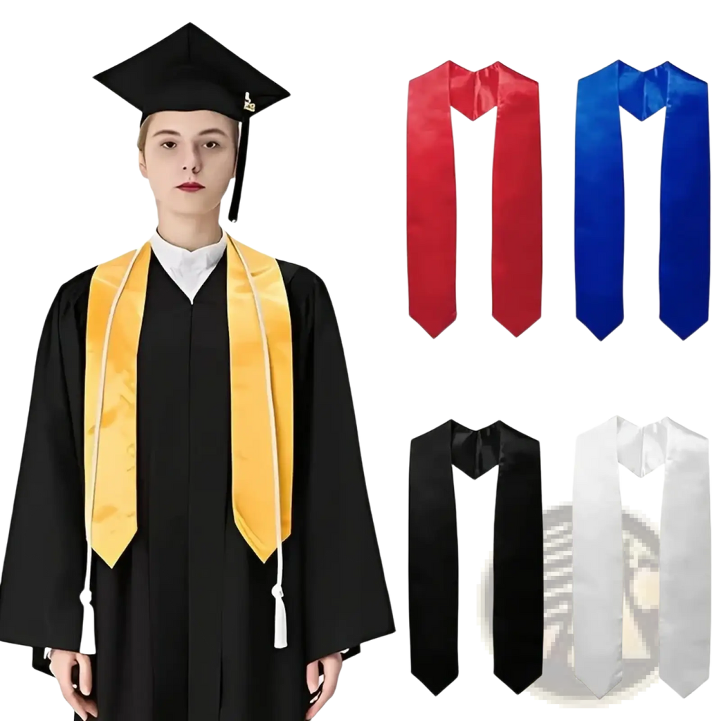 Gold satin graduation stole with white tassels made of polyester for academic ceremonies and events