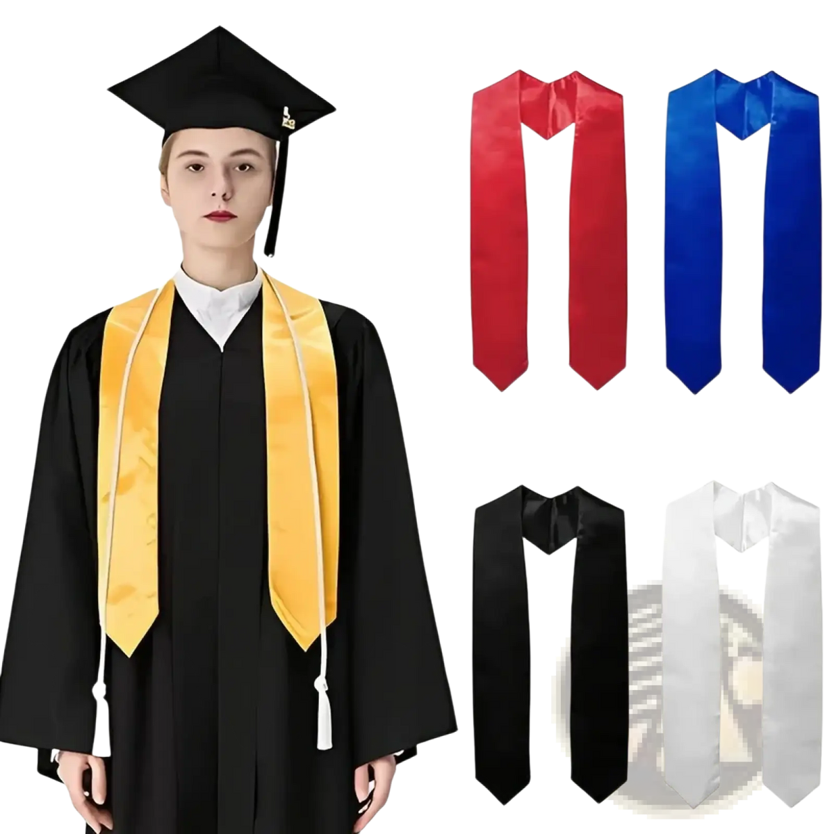 Gold satin graduation stole with white tassels made of polyester for academic ceremonies and events