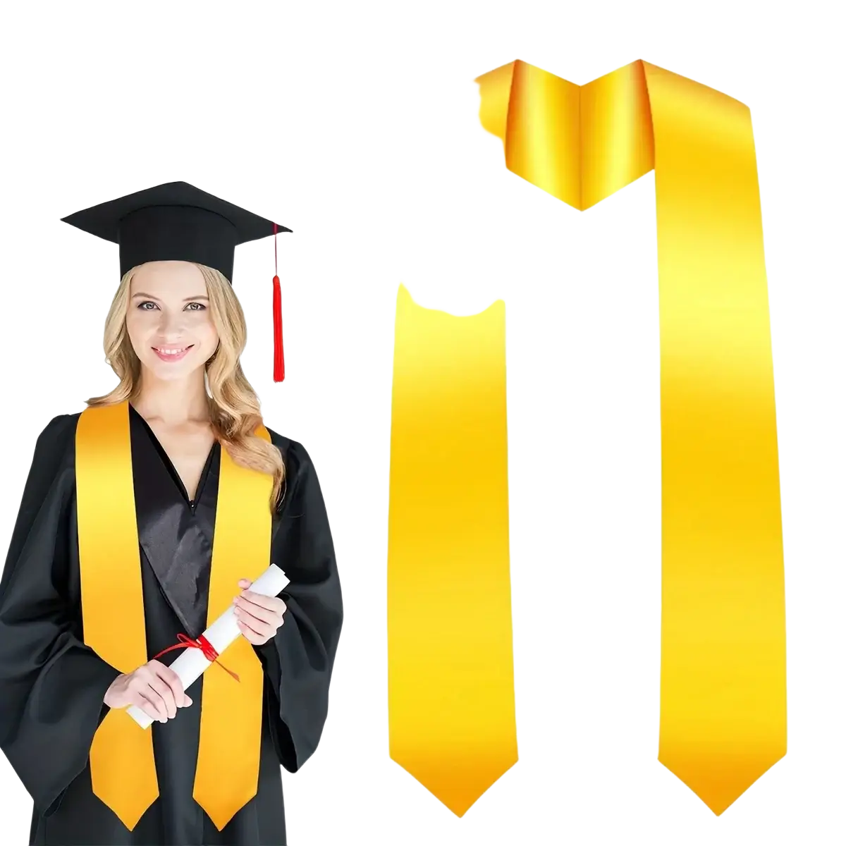 Golden satin plain polyester graduation stole with shiny smooth texture and v-shaped cut at the top for academic use